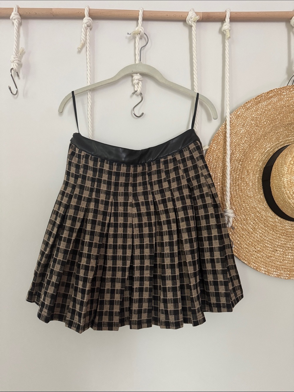 Fate Black and Tan Plaid Pleated Skirt with Faux-Leather Waist